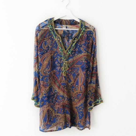 Raj Silk Sequin Beaded Colorful Blue Sheer Tunic S - Picture 1 of 7